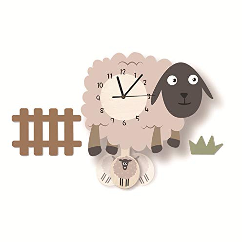 SWECOMZE Kinder-Wanduhr, Schaf-Wanduhr aus Holz, Uhr ohne Tickgeräusche, Lautlos Uhrwerk, Kinderuhr, Wanddeko für das Kinderzimmer