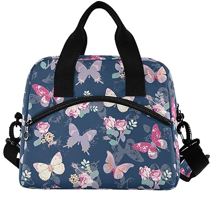 ALAZA Bolsas de almuerzo para mujeres y niñas, estilo mariposa acuarela flores aisladas almuerzo caja con correas de hombro y asa, bolsa cruzada para el almuerzo para la escuela oficina