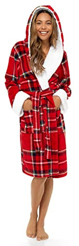 Lora Dora Robe de chambre de luxe à carreaux tartan à capuche Sherpa pour femme, Rouge, L