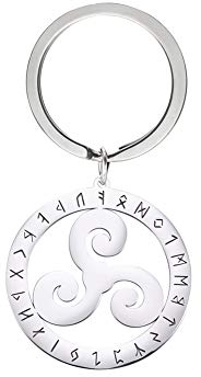 Dreamtimes Vichingo Porte-clés en acier inoxydable 24 runes norrene avec pendentif symbole d'Odin Vichingo Node celtique Irlande Porte-clés pour homme femme bijoux mulette (Triskele)