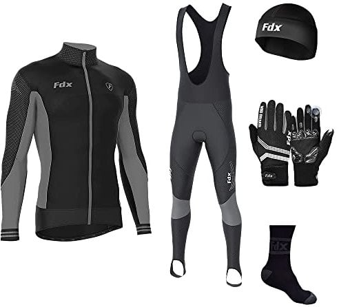 FDX Men's Winter Cycling Suit with Gloves, Cap, Socks - Italian Thermal Roubaix Windproof Thermodream Cycle Clothing Set - Long Sleeve Jersey, 3D Padded Bib Tight for Bicycle Outdoor Riding(Grey-XL)