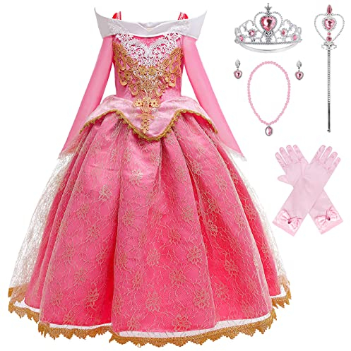 KANDEMY Mädchen Prinzessin Aurora Kostüm Kinder Dornröschen Kleid Karneval Kostüme für Fasching Party Verkleidung Cosplay Geburtstag Mottoparty Kleider Pink 140