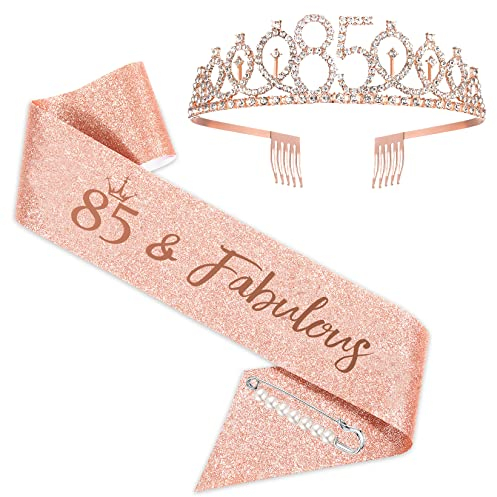 SZHUIHER Schärpe und Tiara zum 85. Geburtstag, Roségold-Geburtstagsschärpe, Krone 85 & fabelhafte Schärpe und Tiara, Geschenke zum 85. Geburtstag für glückliche 85. Geburtstagspartys