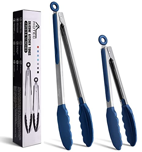 HOTEC Lot de 2 pinces de cuisine verrouillables en acier inoxydable de qualité supérieure avec embouts en silicone, 2 à 22,9 cm et 30,5 cm, bleu classique