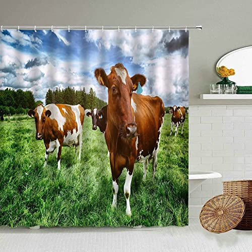 Duschvorhang 120x180 Kühe Duschrollo Wasserabweisend Anti-Schimmel mit 8 Duschvorhangringen, 3D Bedrucktshower Shower Curtains, für Duschrollo für Badewanne Dusche