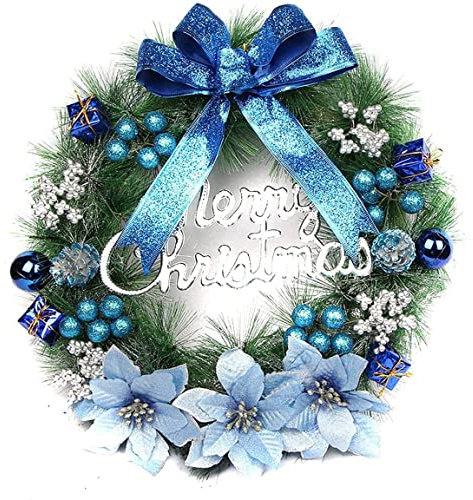 Artificial Christmas Wreath for Front Door, 40cm Xmas Wreath with Bow, Flowers, Pine Cones, Balls for Wall, Fireplace, Window and Xmas Tree Decoration (Blue)