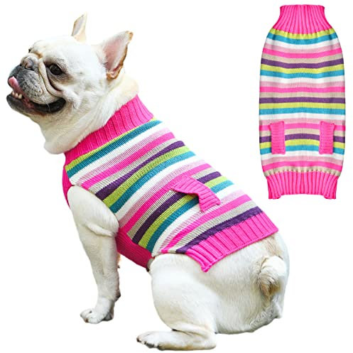 Gestreifter Hunde-Pullover, Kaltes Wetter Kabelstrick, klassischer Rollkragenpullover Dicke warme Pullover Kleidung für kleine bis mittelgroße Hunde Kleidung (Rosa gestreift, S)