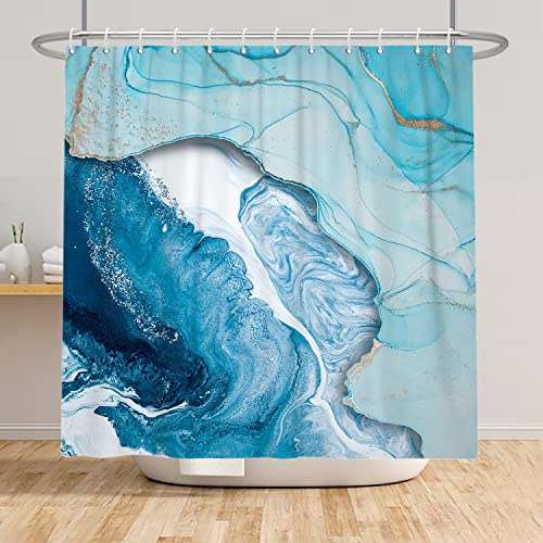 Bovlleetd Blauer Marmor Duschvorhang 183x188 cm Modern Blau Meerwasser Gold Dots Badezimmer Vorhang für Bad Dekor Wasserdicht, Waschbar Polyester Badevorhänge mit 12 Haken für Badezimmer, Badewanne