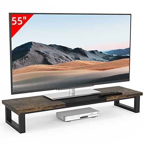 YAOHUOO Grand rehausseur TV de 114,3 cm pour TV de 32 à 60 pouces, étagère de table avec pieds en acier, support double pour écran pour bureau à domicile, marron rustique