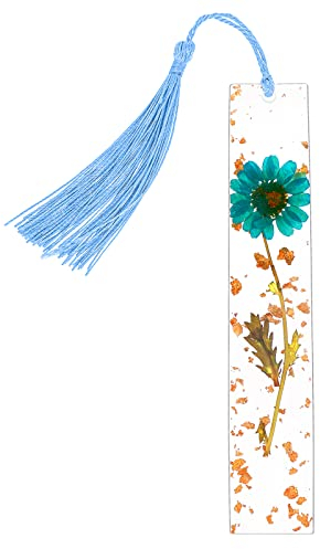 Bewudy Gepresste Blumen Lesezeichen, Getrocknete Blumen Harz Lesezeichen, Gepresste Blumen Leseseitenmarkierungen mit Quaste, Gänseblümchen-Buchmarkierungen für Leser, Studenten, Lehrer (blau)