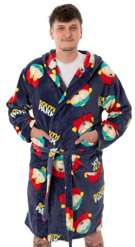 South Park Mens Hooded Bathrobe | Adults Cartman All Over Print Graphic Dressing Gown in Navy Blue | Cosy Classic Cartoon Fleece Loungewear Bathrobe | Funny Nightwear Apparel Gift for Him