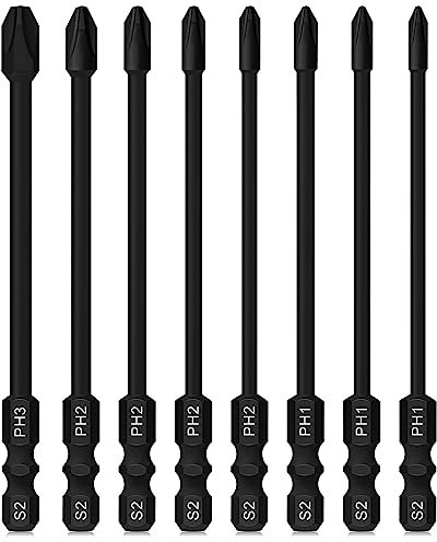 Impact Driver Bits Hakkin 8Pcs 100mm Magnetic Long Screwdriver Bits 1/4” Hex Shank Heavy Duty Phosphate Treatment PH3 PH2 PH1 Torque Driver Bits for Impact Driver, Black - 100mm (8-100-BK)