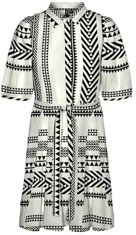 VERO MODA Damen Vmdicthe 2/4 Short Volume Dress WVN Ga Keid, Snow White/AOP:Ibiza Black, M EU