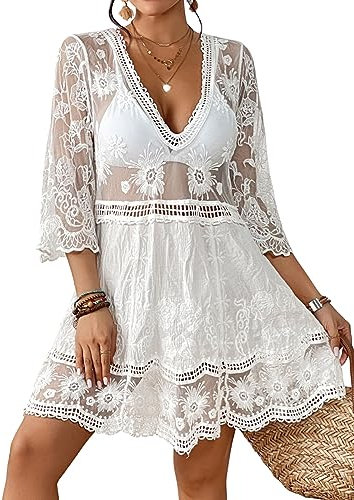 Bsubseach Contrast Lace Coverups for Women Sexy V Neck Bikini Swimwear Swimsuit Cover Up Beach Dress White
