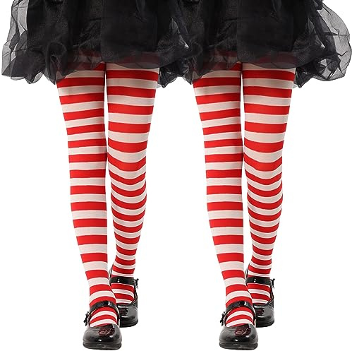 MANZI Gestreift Strumpfhose Mädchen Festival Kinder Strumpfhosen 2 Paar | Semi-Blickdichte Mädchen Strumpfhosen für Weihnachten Halloween Gr.90-150