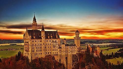 Puzzle 1000 Teile Deutschland Schloss Neuschwanstein Unter Dem Orangefarbenen Himmel 75 * 50Cm