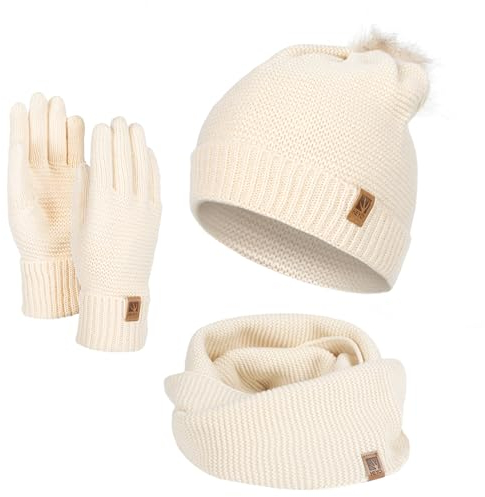 HEYO Damen Wintermütze Schlauchschal Handschuhe Set Winter Gestrickte Warme Mütze mit Schal und Winterhandschuhen | HZ0003 (Beige)