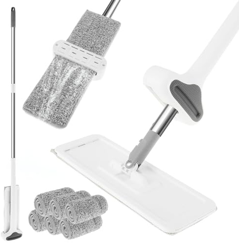 Self Wringing Floor Mops Microfibre Flat Mop with 6 Reusable Pads 2-in-1 Dry Wet Mop with Double Scraper 360° Rotatable Hands Free Mop with Stainless Steel Handle for Cleaning Floor Bathroom Home