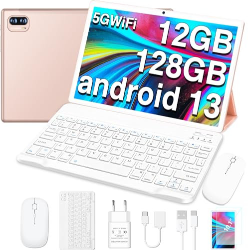 JUSYEA 2023 Newest Tablet 10 Pollici Android 13 Tablets PC 12GB RAM + 128GB ROM (1TB TF) Cores 2.0Ghz, WiFi 5G+2.4G, Bluetooth 5.0, GPS, Batteria 8000mAh, 8MP+5MP, con Custodia, Tastiera e Mouse, Oro
