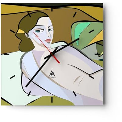 Modern Wanduhr Frau Akt Kubismus 40x40cm Quadrat Groß Wand Uhr Glas Analog Zimmeruhren Küche Büro Wohnzimmer Glasuhr Wall Clock Dekoration Design Wanddekoration Küchenuhr C3AC40x40-5660