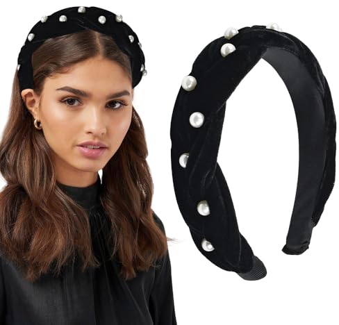 CAREDGO Serre Tete Perles Noir Femmes Large Bandeau Cheveux Serre Tête en Tissu avec Perles Mode Perle Femmes Bandeau Headband Large Épais Noir Accessoires de Coiffure pour Femmes et Filles