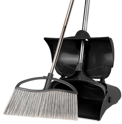 Long Handle Heavy Duty Broom and Dustpan Set, Outdoor and Commercial Upright Dustpan and Brush for Restaurant Garage Garden Yard Office,Black