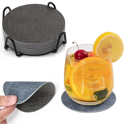 Chitomars Posavasos Originales Juego de 12, Lavables Doble Cara Posavasos con Soporte de Metal Antideslizante Impermeables Posavasos para el Fiestas, Hogar, Oficina y Más (Gris Azul Claro, Redondos)