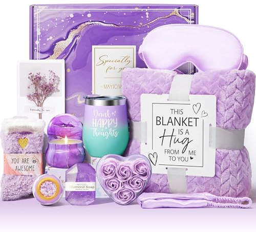 Geburtstagsgeschenke für Frauen, Selbstpflege-Geschenke, Genesung, Lavendel, entspannendes Spa, Geschenkkorb, Pflegepaket mit luxuriöser Flanelldecke, einzigartige Muttertagsgeschenkidee für Mutter,