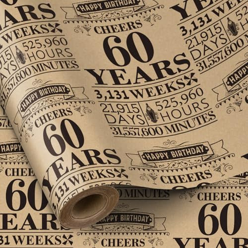 RUSPEPA Geburtstags-Geschenkpapierrolle, Mini-Rolle, schwarz, 60 Jahre Design, Kraft-Geschenkpapier, ideal für Geburtstag, Party, Feiertage, 43,2cm x 5m, Geschenke zum 60. Geburtstag für Männer