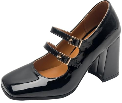 Smilice Women's Classic Chunky Heel Mary Jane Shoes Square Toe Court Shoes with Buckle Black