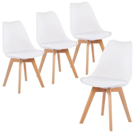 buybyroom Modern Dining Chairs Set of 4 with Wooden Legs and Soft Cushion for Living Room, Garden, Kitchen, Bedroom, Outdoor and Office, White