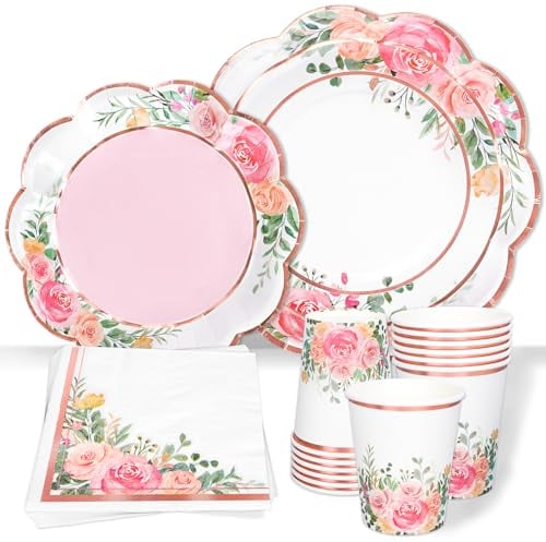 Whaline Floral Tableware Set Pink Flower Rose Gold Foil Disposable Party Supplies 9 & 7 Plate, 6.5 Napkin, Cup for 25 Guests Spring Wedding Bridal Baby Shower Birthday