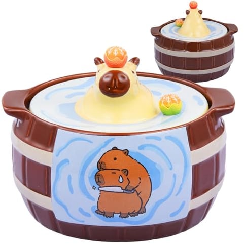 Ceramic Ramen Bowl - Vintage Noodle Bowl, Large Capacity With Lids and Handles | Cartoon Capybara Design, Breakfast Soup Cups for Boys and Girls