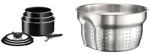 Tefal Ingenio Easy ON 7 piece Non-Stick Saucepan Set, 16&18&20 cm Saucepans, 16&18&20 cm Glass Lids & L9259804 Ingenio Saucepan Pasta Insert, Stainless Steel, Silver Coloured, 1.2 kg