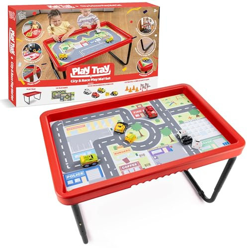 Play Tray Activity Table with City & Race Play Mat Set, Adjustable Heights, Food Safe, Portable Messy Activity Table