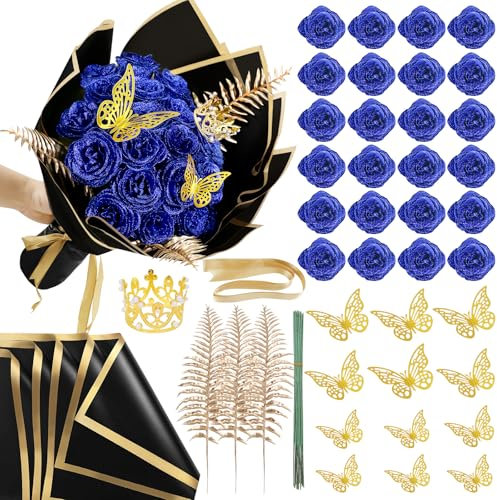 SEMONONIA Künstlicher Glitzer-Rosenstrauß – 24 Stück DIY gefälschte glänzende Blumen mit Stielen Ewige Blumen für Handwerk Hochzeit Blumenstrauß Jahrestag Geburtstag Liebe Geschenk Valentinstag