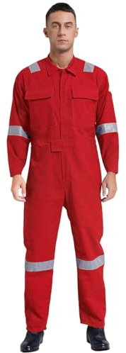 Rswnyirn Arbeitsoverall Herren Baumwolle Einteiler Jumpsuit Schutzoverall mit Taschen Reflektierende Streifen Männer Arbeitskleidung für Werkstatt Rot M