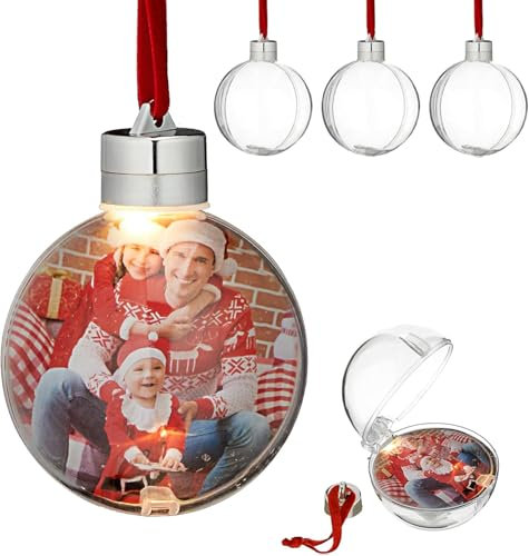 Christbaumkugel mit/ohne LED Licht | Fotokugel Clear Christmas | schmücken Sie die Kugel mit ihrem Lieblingsfoto | DIY (4er Set mit Licht)