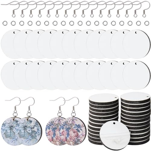 SOFPLATE 1 Box 120Pcs Sublimation Blanks Round White Wooden Earring Blanks with Hooks and Jump Rings for Heat Transfer Dangle Making Kits - DIY Craft Supplies Printing
