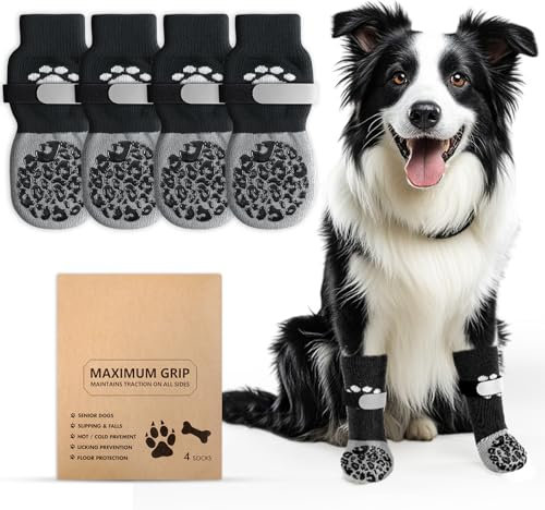 Alishomtll 2 Paar Doppelseitige Anti-Rutsch Hundesocken, Weiche Pfotenschutz Hunde mit Verstellbaren Riemen Klettverschluss, Hundeschuhe Socken für Innenbereich auf Hartholzböden (Schwarz, M)