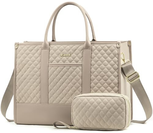 LOVEVOOK Laptoptasche Handtasche Damen 15,6 Zoll, Wasserdicht Arbeitstasche Groß Schultasche Shopper Tasche Aktentasche Lehrertasche, Leder Handbags Business Tasche für Uni Büro Arbeit Beige