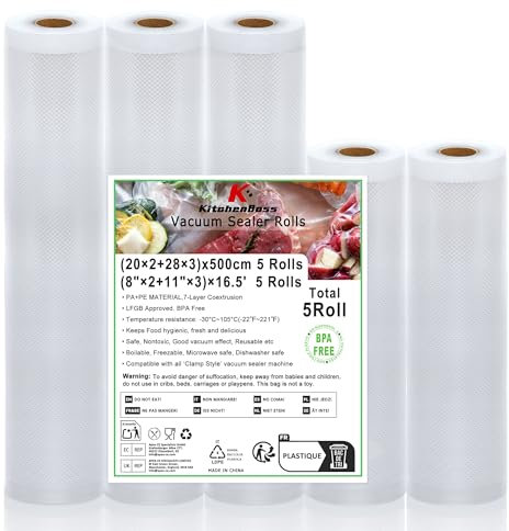 KitchenBoss Sac Sous Vide Alimentaire:28x3/20x2/x500 cm 5 Rouleaux, Rouleau Sous Vide Alimentaire de Qualité Alimentaire, Film Sous Vide Alimentaire pour la Congélation, Sous Vide et Machine Sous Vide