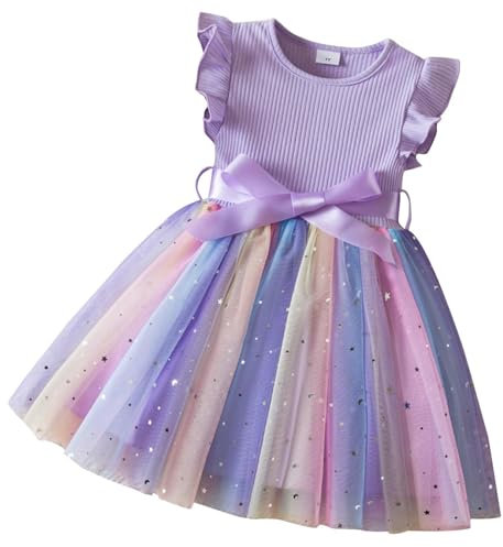 JiAmy Abiti da bambina a costine in maglia di tulle con paillettes primavera maniche volanti arcobaleno vestito per bambini per 1-6 anni, Viola, 1-2 Anni