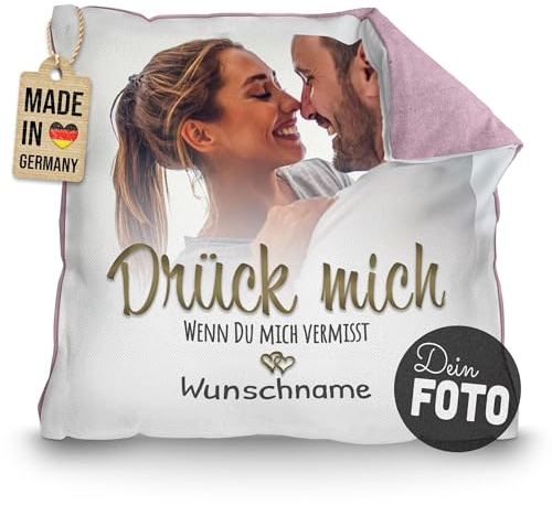 Print Royal PR Kissen mit Foto und Name selbst gestalten - Drück Mich - Personalisiertes Geschenk zum Jahrestag, Valentinstag, Geburtstag, Rückseite Pastellflieder, inkl. Kissenfüllung, 40 x 40 cm