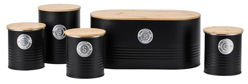EHC Set of 5 Tea, Sugar, Coffee, Biscuit & Bread Bin Canisters Set With Airtight Lid, Kitchen Storage Jars with Lids, Containers Canisters Jars Set of 5, Black