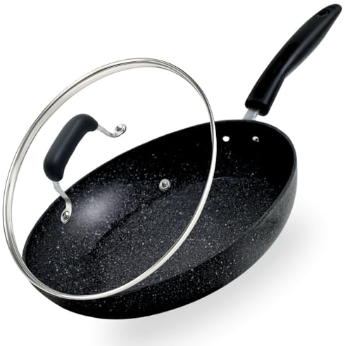 ml MassAri Limited Non Stick Frying Pan with Lid Black Granite Marble Coated Soft Grip Handle Dishwasher Safe Suitable for All Stoves (32CM Granite Pan with Lid)