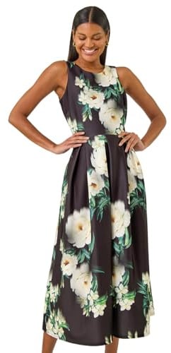 Roman Ombre Pleated Luxe Stretch Midi Dress for Women UK Ladies Spring Everyday Summer Holiday Round Neckline Comfy Sleeveless Soft Fit & Flare Frock Dinner Date - Black - Size 16