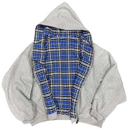 Suncadmious Männer und Frauen Y2K Karierten Patchwork Reversible Reißverschluss Hoodie 2000er Jahre Rock Street Style Rap lose gedruckt Hooded Sweatshirt