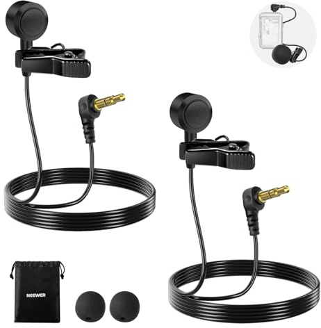 NEEWER ø9.7mm Lavalier Microphone 2 Pack, 3.5mm TRS Wired Lapel Mic, LM10 | Clip On Omnidirectional Condenser Lav Mic, with 1.5m Cable & Windscreen for Video Recording, Vlogging, Filming
