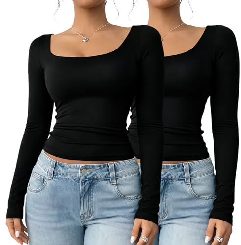 AWAVM 2 PCS Long Sleeve Shirts Womens,Scoop Neckline Tops Slim Fit Undershirts Basic Thermal Tops